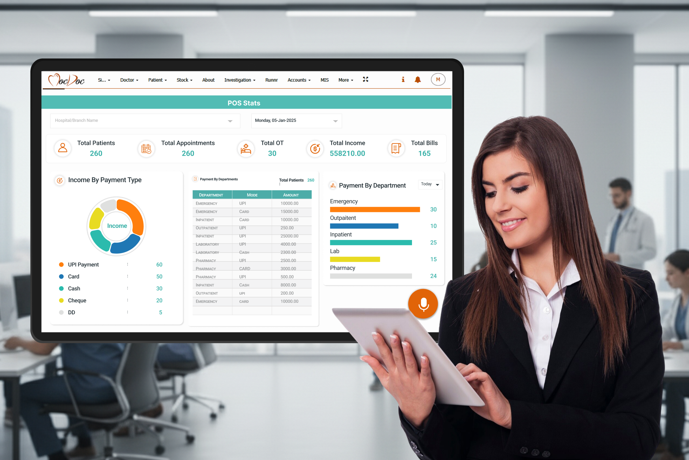 Smart POS devices integrated with hospital billing software for live tracking and monitoring