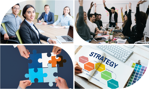 A collage depicts teamwork, with professionals in meetings, puzzle pieces joined, and a strategy plan on a desk.